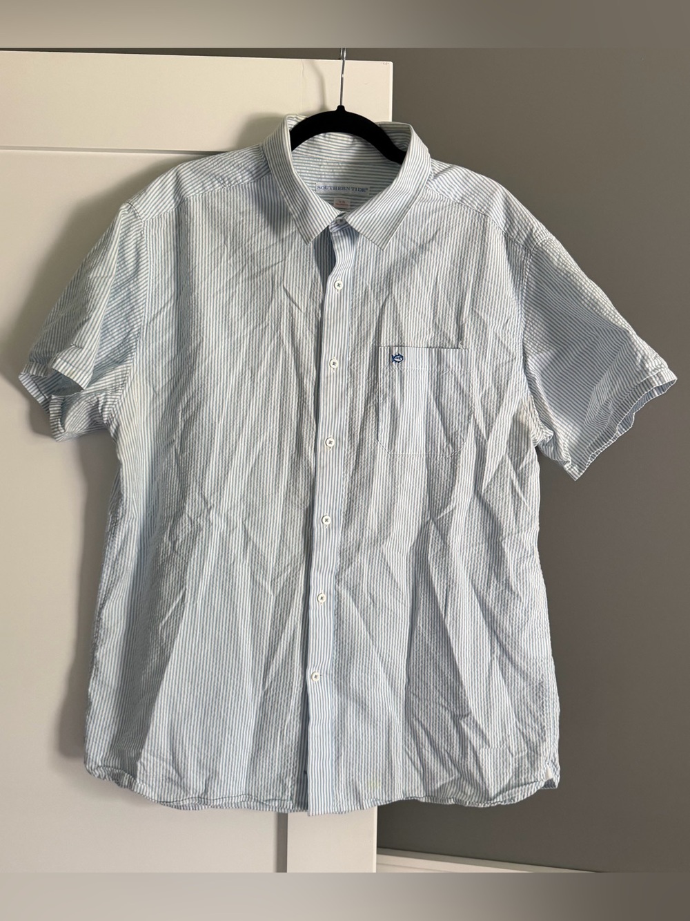 Southern Tide Seersucker Stripe Button Up Shirt Tailored Fit Blue